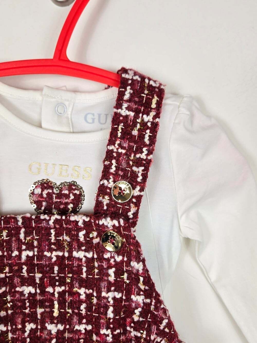 NWT Guess Baby Girls 3-6M Burgundy Tweed Overall Dress Bodysuit 2PC Set - Picture 3 of 9